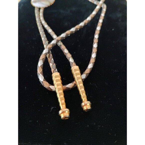 Vintage Bolo Tie Horse Portrait On Porcelain In Gold Tone Setting Leather Braid - Picture 5 of 7